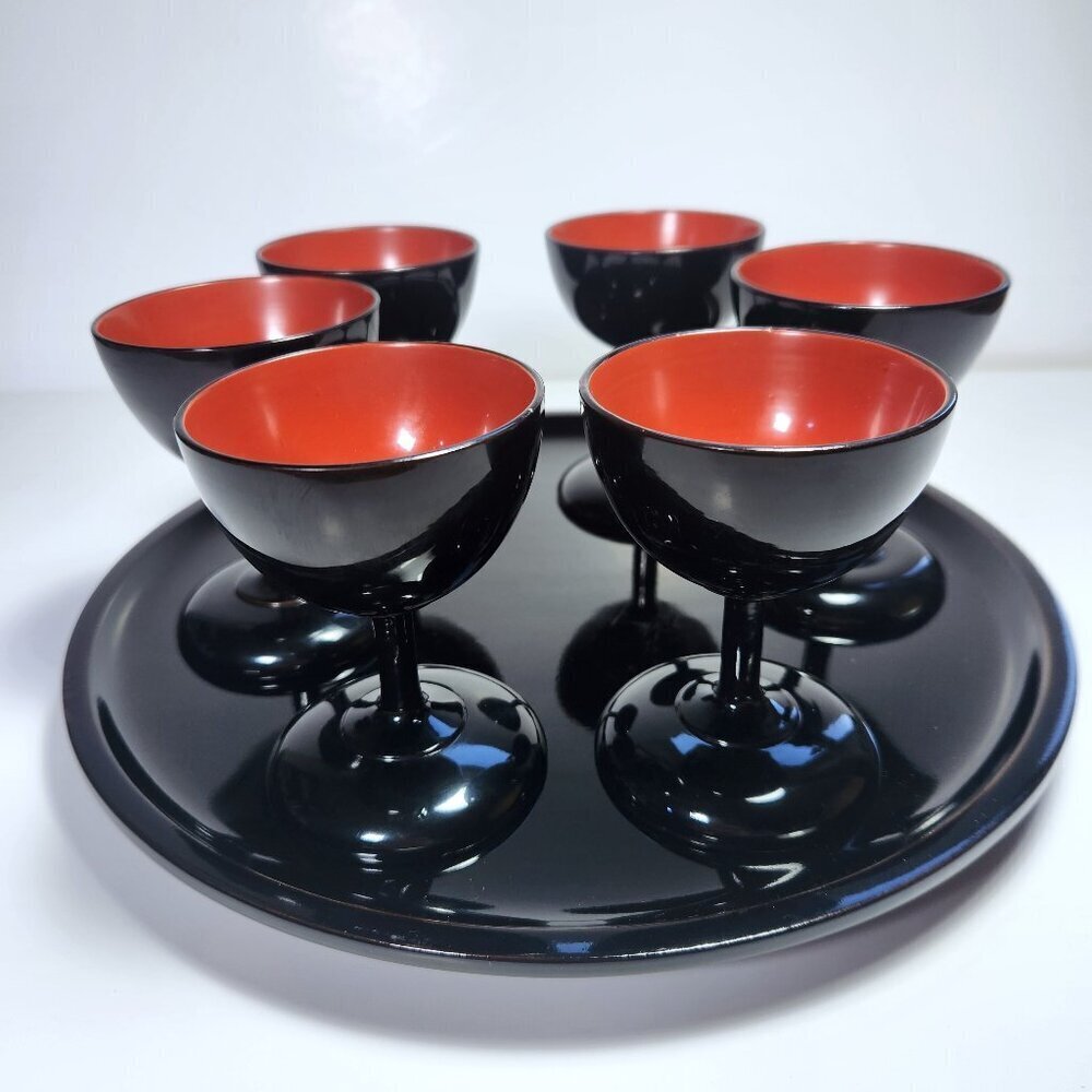 Vintage Okinawa Bembo Lacquerware Sake Set – 6 Cups + Tray – Japanese Decor